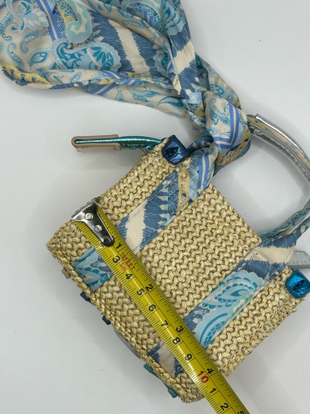 Kurt Geiger Straw Mini Bag with Blue & Cream Scarf Accents - Picture 4 of 10